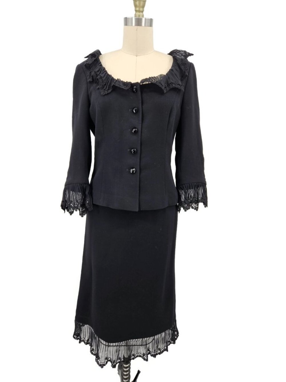 Escada Black Wool Crepe Skirt Suit Womens 34 Sheer Ruffle Lace Trim Midi